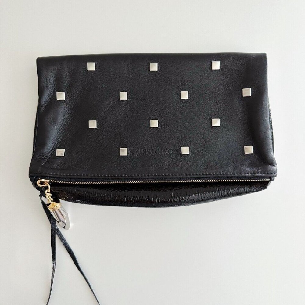 JIMMY CHOO Clutch Bag Black Leather Designer Studded Evening Handbag